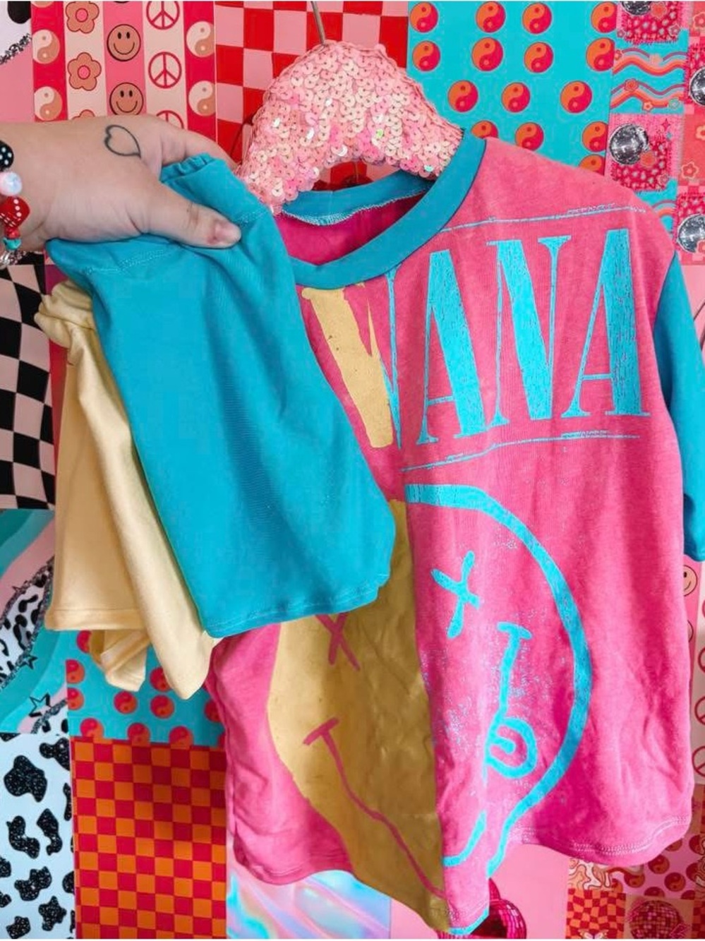 NIRVANA Pink, Teal & Yellow Smiley Graphic Upcycle Comfy Set 4T